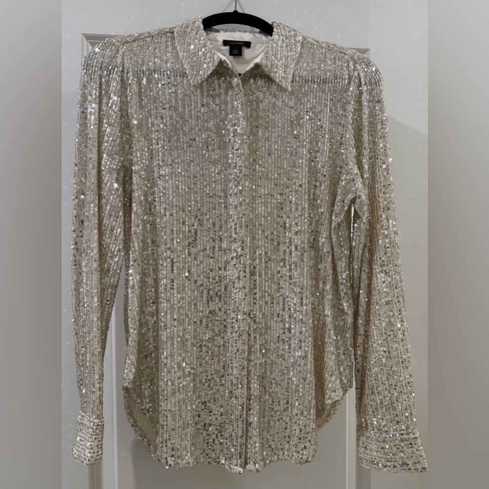 HALOGEN Long Sleeve Snap Up Front Silver Sequined Top - Size Small